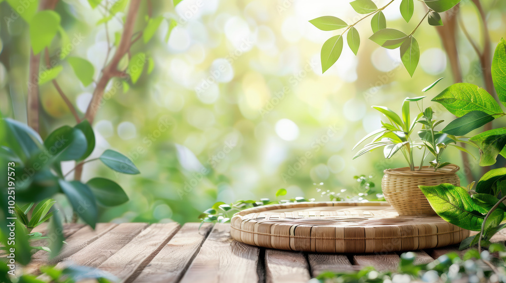A 3D woven wooden tray surrounded by lush greenery, featuring a small potted plant, bathed in soft natural light, ideal for product photography and eco-friendly decor displays.