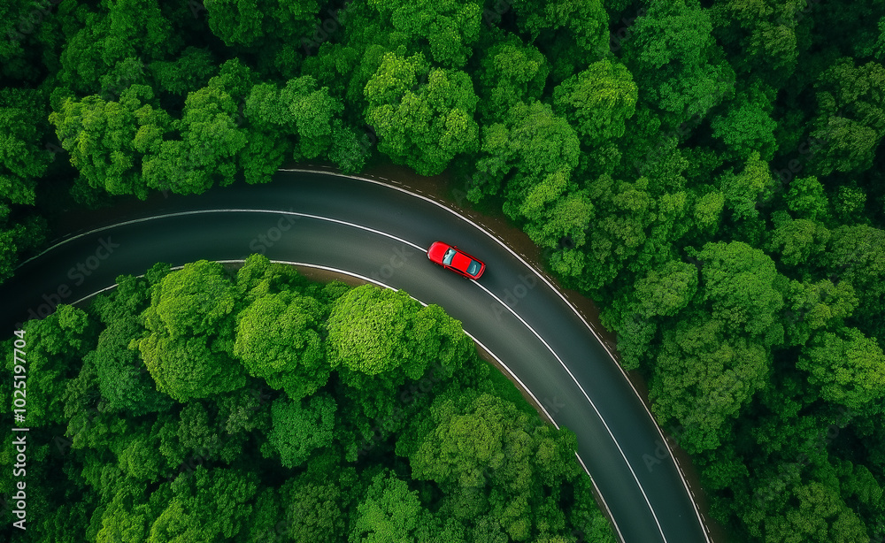 Red sports car driving through a winding road surrounded by lush green trees, viewed from above. Red sports car driving through a winding road surrounded by lush green trees, viewed from above.