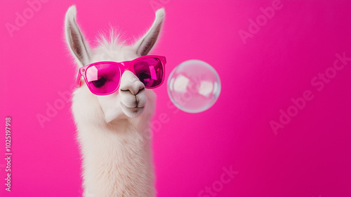 Llama wearing oversized pink sunglasses and blowing a bubble gum against a pink background.