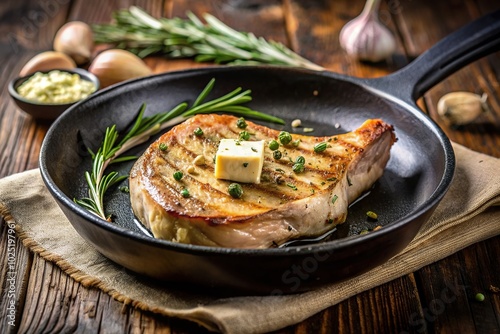 Pork cutlet on the bone sizzling in a frying pan with garlic and rosemary infused butter cooked using forced perspective, bone-in, garlic, frying pan, forced perspective, golden brown