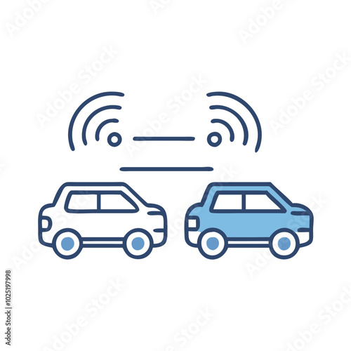 Vehicle-to-vehicle communication (V2V) icon with two cars and wireless signals