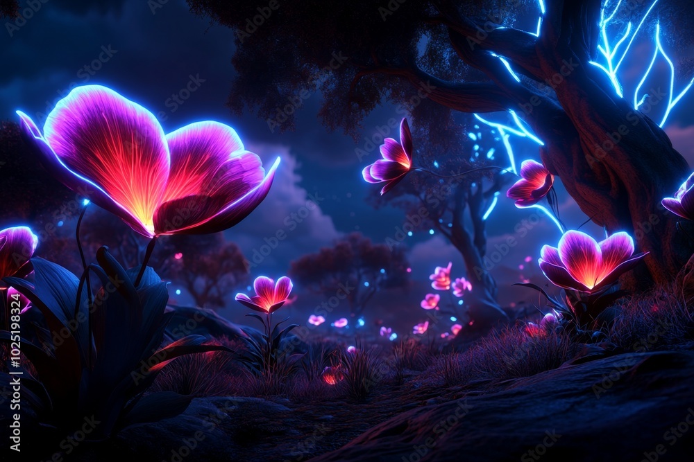 Obraz premium Magical forest where glowing flowers and trees create a luminescent landscape, blending fantasy with the beauty of nature