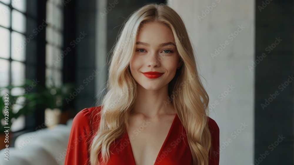 Blonde woman in deep V-neck red dress, smiling softly with subtle makeup, urban background Blonde woman in deep V-neck red dress, smiling softly with subtle makeup, urban background