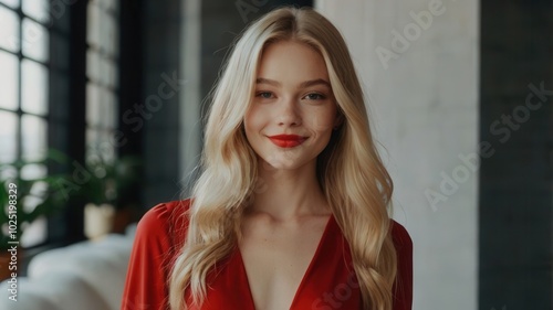 Blonde woman in deep V-neck red dress, smiling softly with subtle makeup, urban background