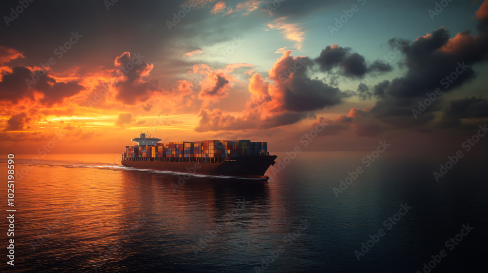 A large cargo ship anchored in calm waters during a serene sunrise with soft clouds reflecting on the surface A large cargo ship anchored in calm waters during a serene sunrise with soft clouds reflecting on the surface