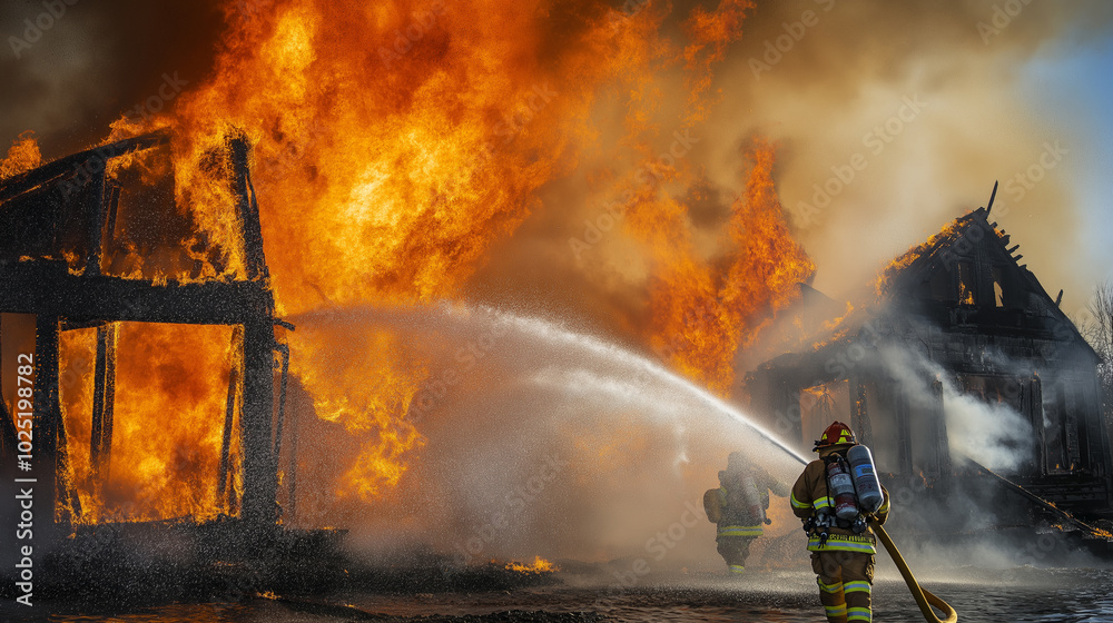 Obraz premium Firefighter battling a massive blaze with a hose spraying water at burning buildings.