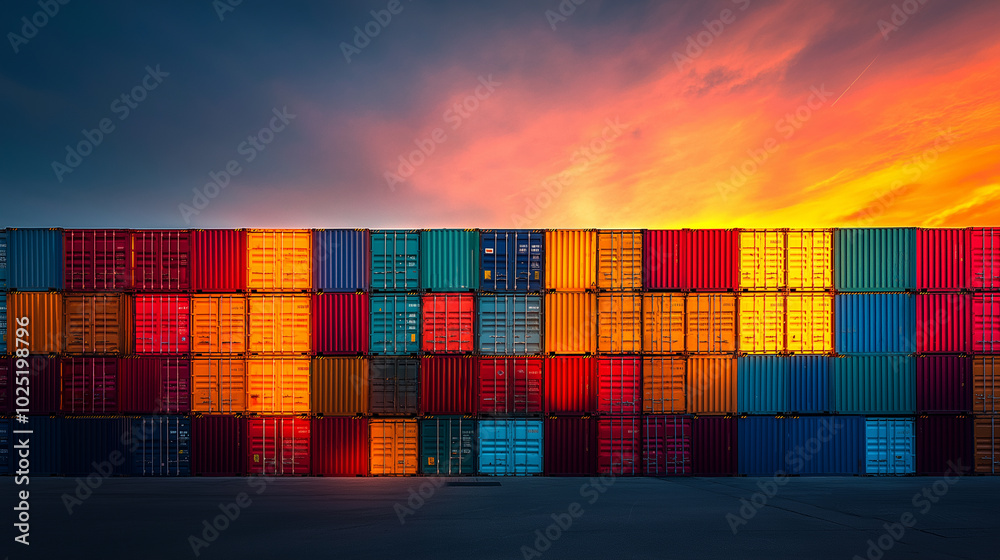 Fototapeta premium Stacks of colorful shipping containers against a dramatic sunset sky at a port. 