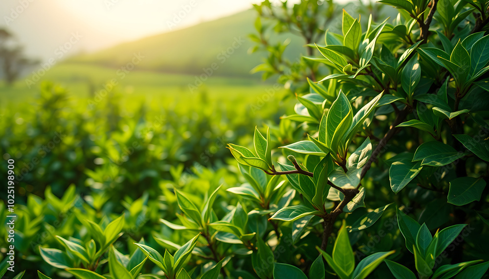 Fototapeta premium Green tea tree leaves field young tender bud herbal Green tea tree in camellia sinensis organic farm. Close up Fresh Tree tea plantations mountain green nature in herbal farm plant background mornin