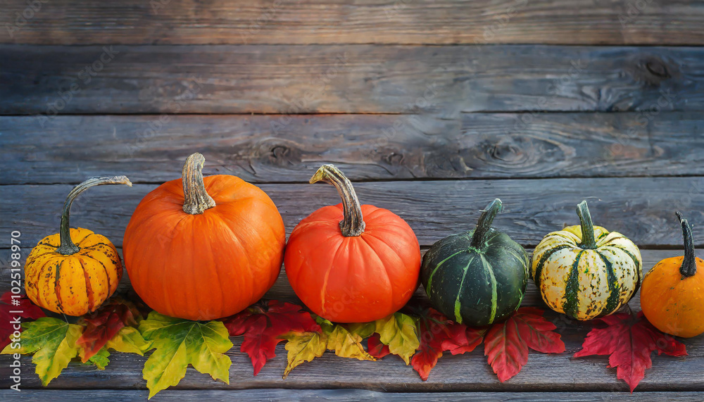 Colorful pumpkins lined on a rustic wooden surface surrounded by vibrant autumn leaves during fall season Colorful pumpkins lined on a rustic wooden surface surrounded by vibrant autumn leaves during fall season