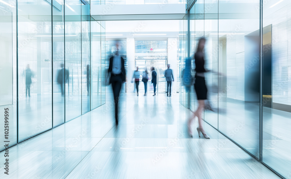 Motion blur of businesspeople walking through a modern office hallway with glass walls. Motion blur of businesspeople walking through a modern office hallway with glass walls.