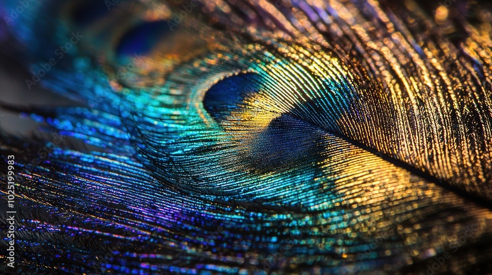 Fototapeta premium A close-up view of a peacock's feathers reveals multicolored feathers in shades of blue, yellow, and green