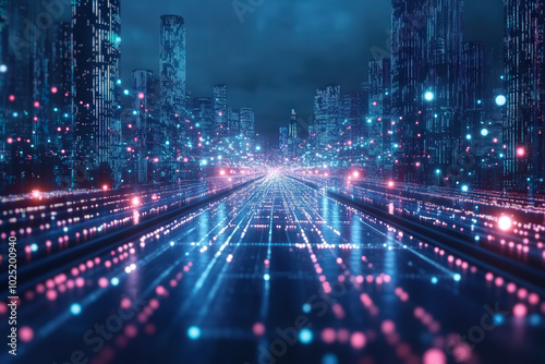 Futuristic City Lights and Data Pathway at Night 