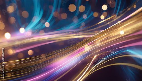 Abstract light trails in vibrant colors and bokeh effects, showcasing movement and energy against a dark backdrop
