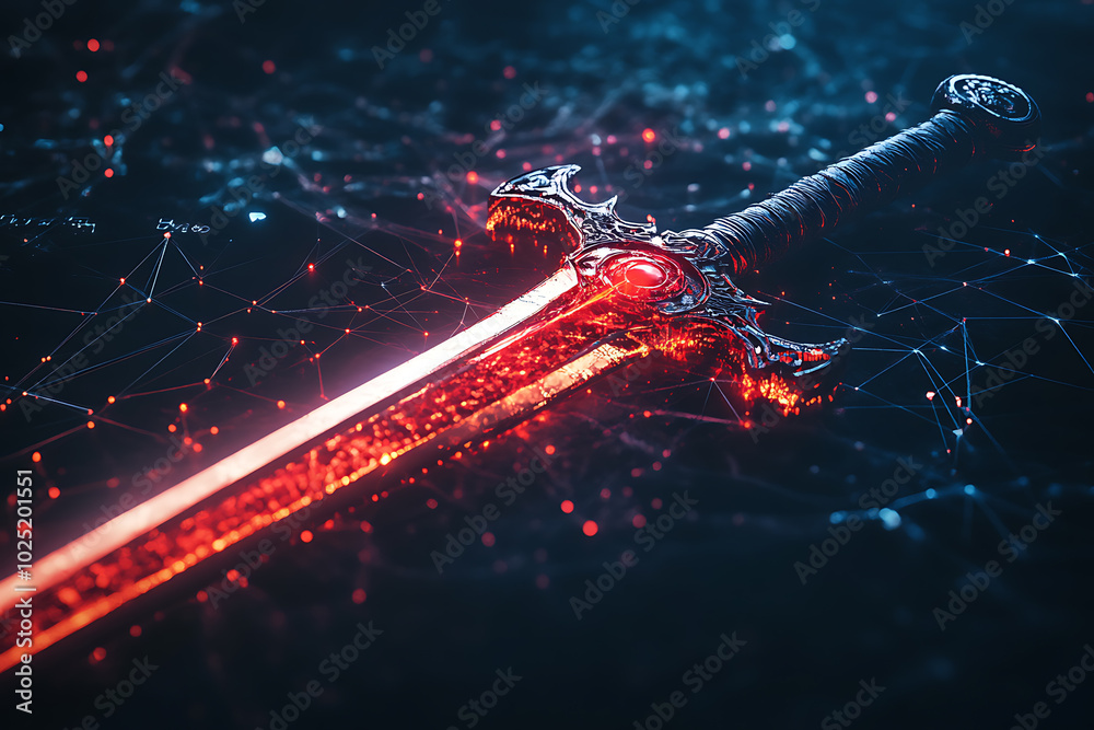 image of the mystical long sword with glowing, modern data connections image of the mystical long sword with glowing, modern data connections