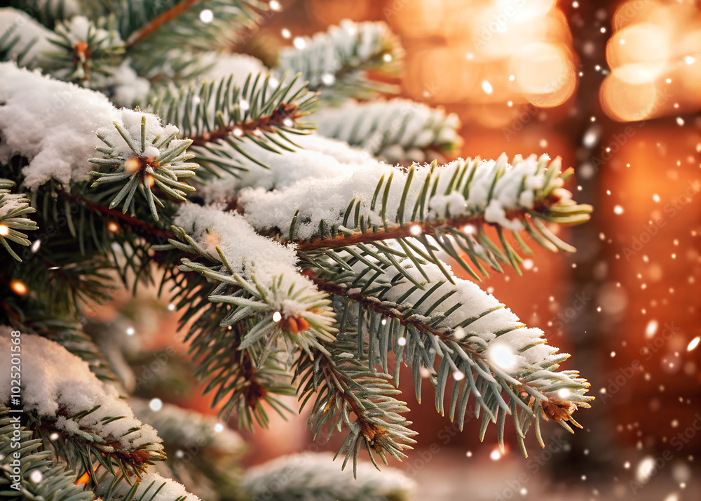 Snow fall in winter forest. Christmas new year magic. Blue spruce fir tree branches detail. Banner image