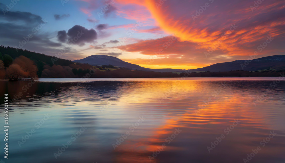 Fototapeta premium Serene sunset over a tranquil lake with vibrant skies and reflections in the water during early evening