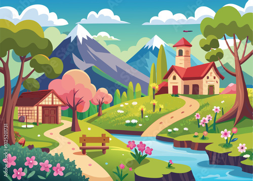 landscape with houses and trees vector illustration file