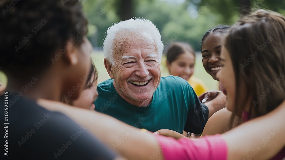 An man with white hair smiles warmly at the camera, surrounded by a diverse group of friends of various ages hugging and laughing in a park. An man with white hair smiles warmly at the camera, surrounded by a diverse group of friends of various ages hugging and laughing in a park.