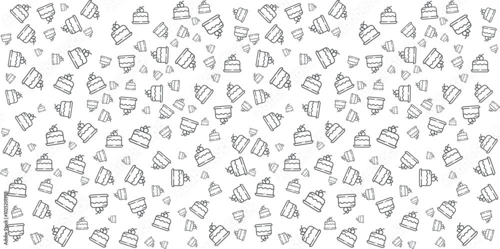 Seamless Outline Cake Pattern on White Background, Cute Dessert Icons for Packaging and Fabric Design Seamless Outline Cake Pattern on White Background, Cute Dessert Icons for Packaging and Fabric Design