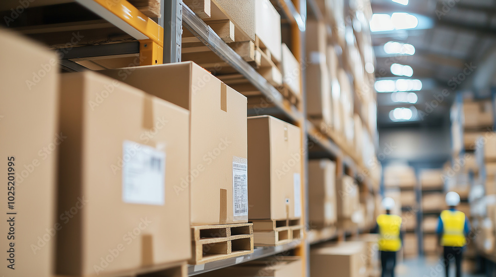 Large warehouse with stacked cardboard boxes on shelves, with two workers in the background. Large warehouse with stacked cardboard boxes on shelves, with two workers in the background.