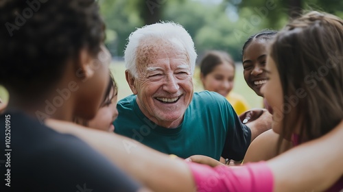 An man with white hair smiles warmly at the camera, surrounded by a diverse group of friends of various ages hugging and laughing in a park. 