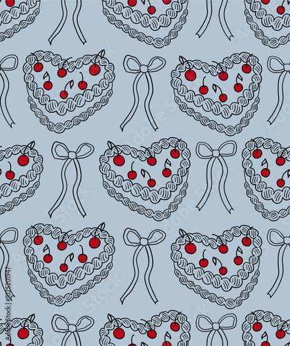 Seamless pattern with outline heart shaped cakes with cherries and red bows in sketch style. Vintage vector background with cakes and ribbons. Coquette retro aesthetic