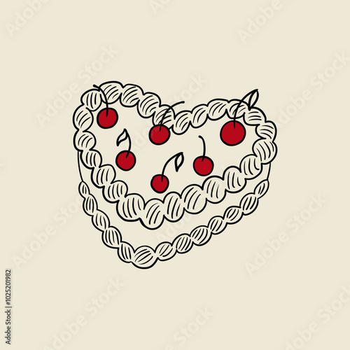 Vector illustration of heart shaped cake with cherries in sketch style. Holiday birthday, wedding, valentines day clipart