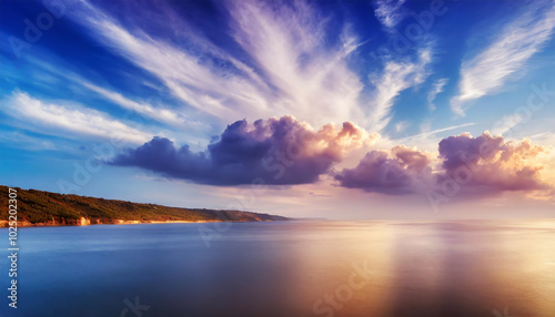 Beautiful sunset over the calm ocean with colorful clouds and serene coastline under a vibrant sky