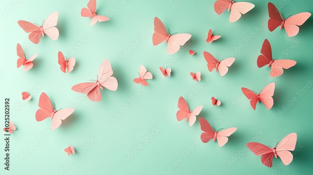 Pink paper butterflies on a blue-green background; text on the left Pink paper butterflies on a blue-green background; text on the left