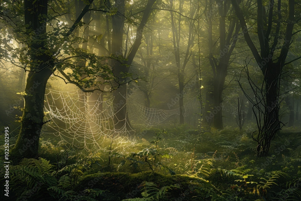 Obraz premium A forest with a spider web in the middle, generative ai image