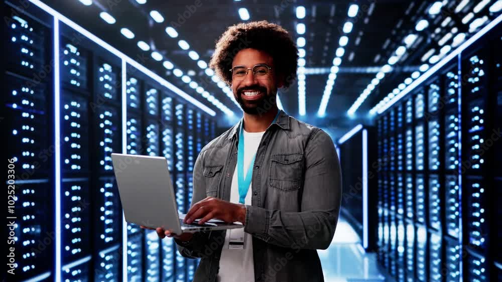 Happy Engineer In Data Center Server Room Configuring AI Happy Engineer In Data Center Server Room Configuring AI
