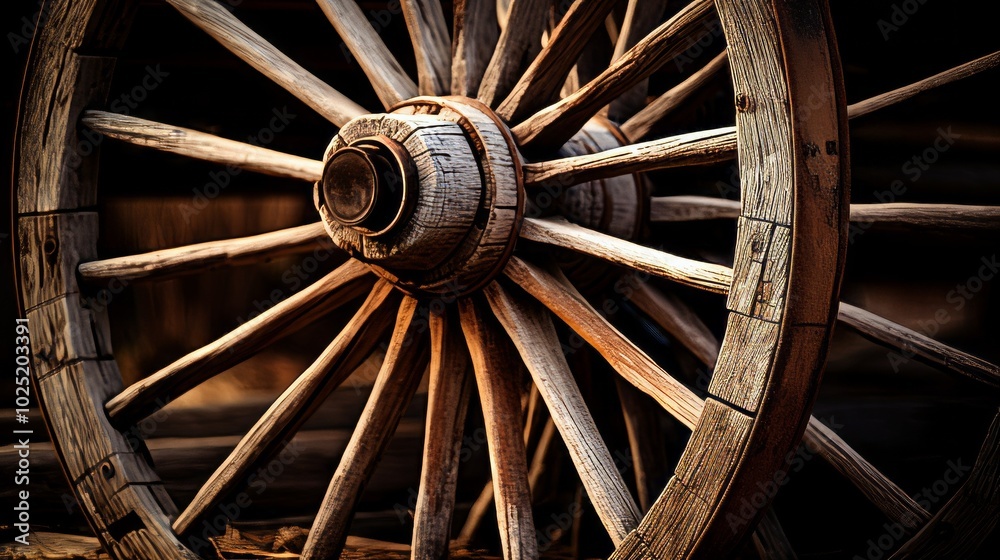 An old wooden wagon wheel leaning up in outdoor area. Neural network ai generated art An old wooden wagon wheel leaning up in outdoor area. Neural network ai generated art