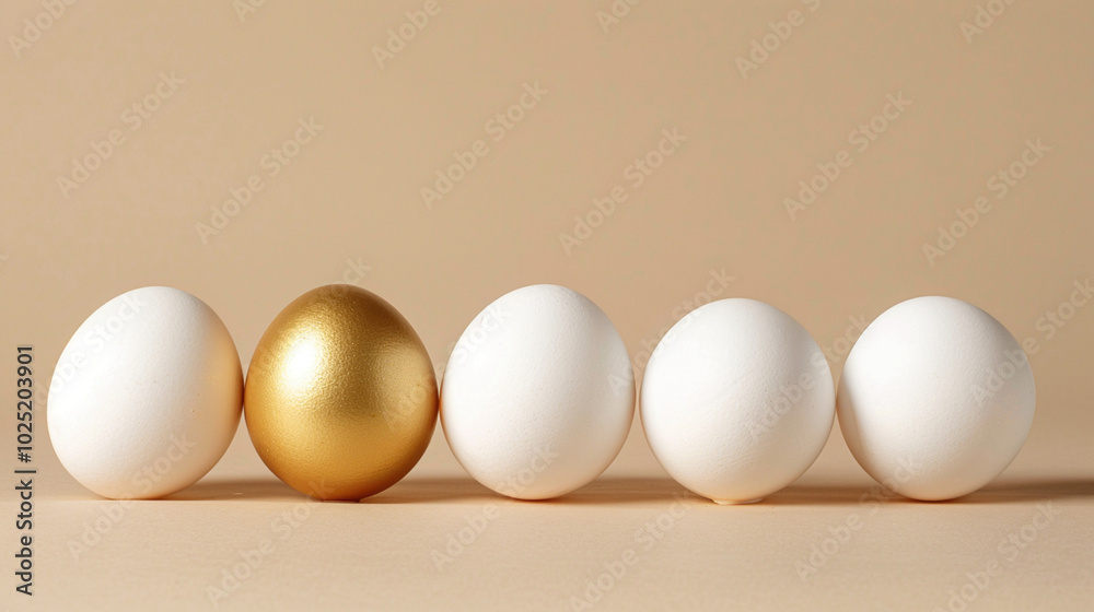 Being different, stand out from the crowd easter concept. White eggs in a row, one of which is gold, on a light beige background. Copy paste empty place for text Being different, stand out from the crowd easter concept. White eggs in a row, one of which is gold, on a light beige background. Copy paste empty place for text