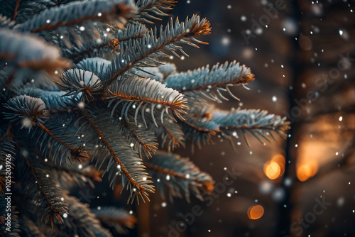 Snow fall in winter forest. Christmas new year magic. Blue spruce fir tree branches detail. Banner image