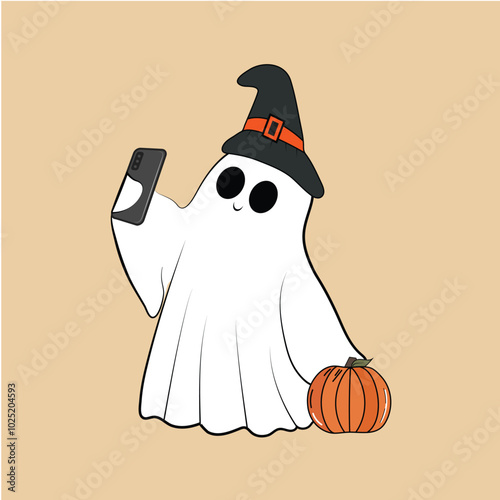  Halloween cute  ghost taking a selfie, A ghost and pumpkin on halloween vacation, flat design vector for Halloween