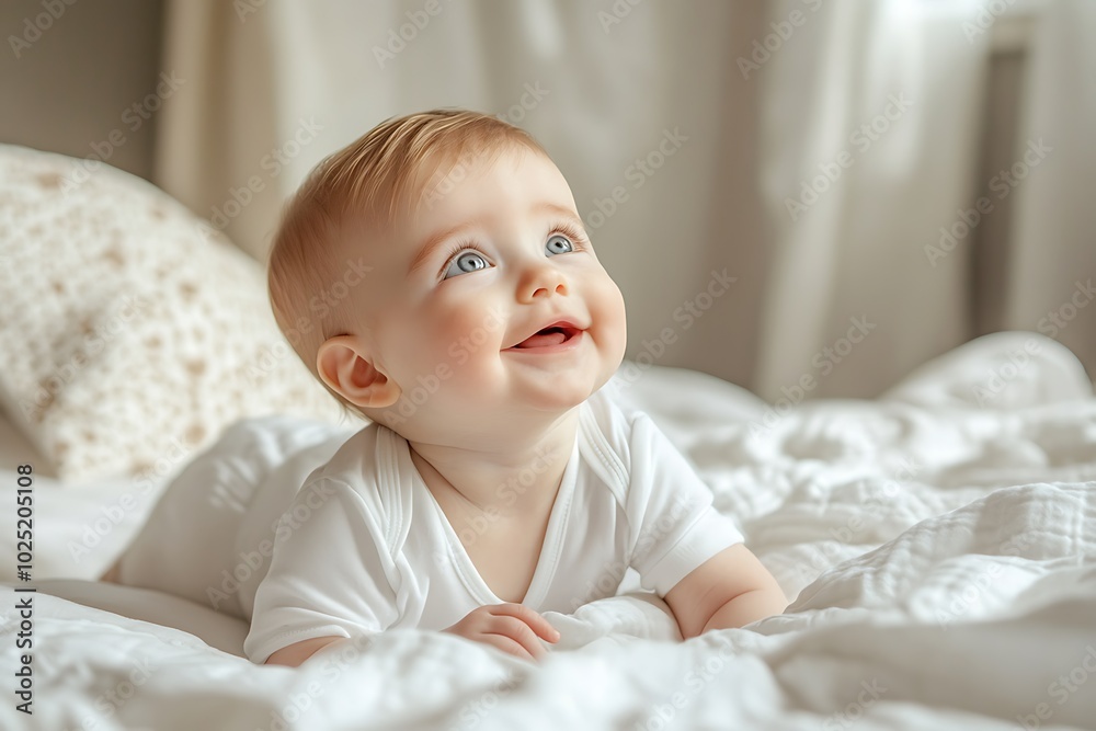 Baby boy in white bodysuit, lying on bed, happy expression, looking up, close-up shot, blurred background, stock photo quality, copy space concept, bright and soft tones, high-detail image Baby boy in white bodysuit, lying on bed, happy expression, looking up, close-up shot, blurred background, stock photo quality, copy space concept, bright and soft tones, high-detail image