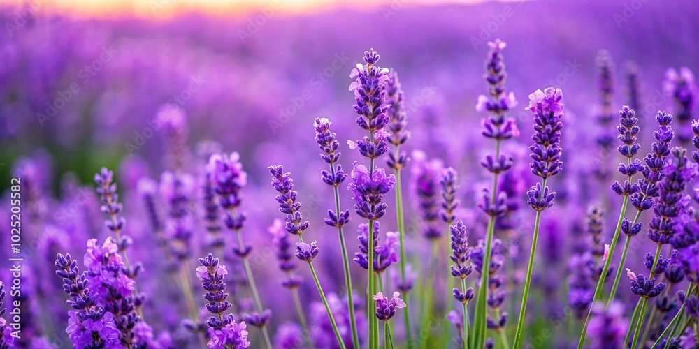 Naklejka premium tranquil, serene, fragrant, close-up, scenic, vibrant, landscape, macro, beauty, field, lavender, relaxation, plants, peaceful, A close up of a vibrant purple lavender field in full bloom