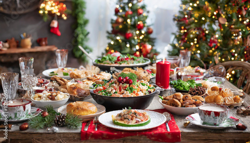 Festive holiday dinner spread featuring multiple dishes, decorated table, and Christmas trees with lights