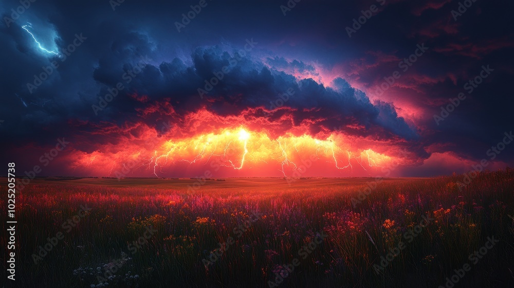 Fototapeta premium A dramatic thunderstorm with lightning strikes illuminates a field of wildflowers at sunset.