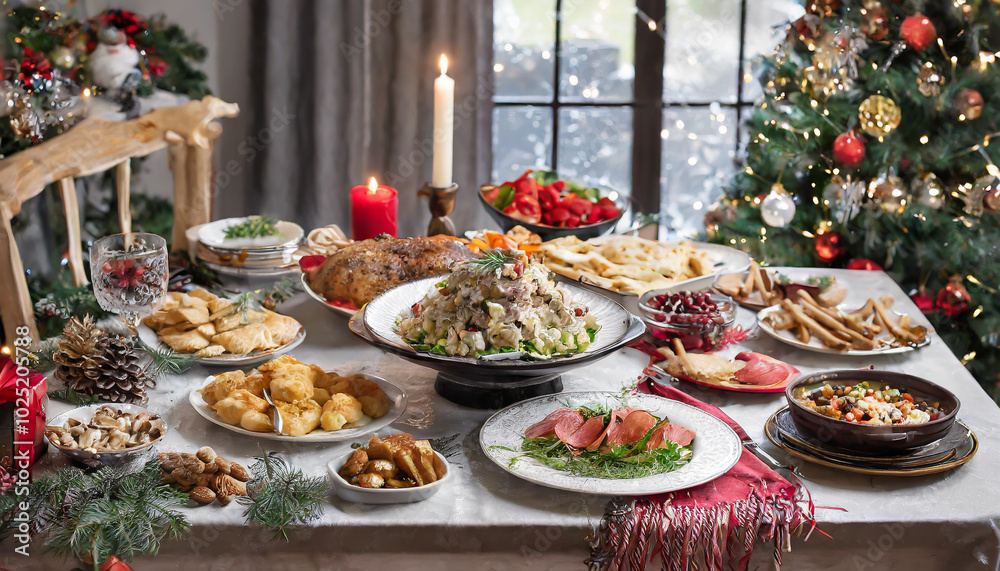 A festive dining table adorned with various traditional holiday dishes in a warmly decorated room during the winter season A festive dining table adorned with various traditional holiday dishes in a warmly decorated room during the winter season