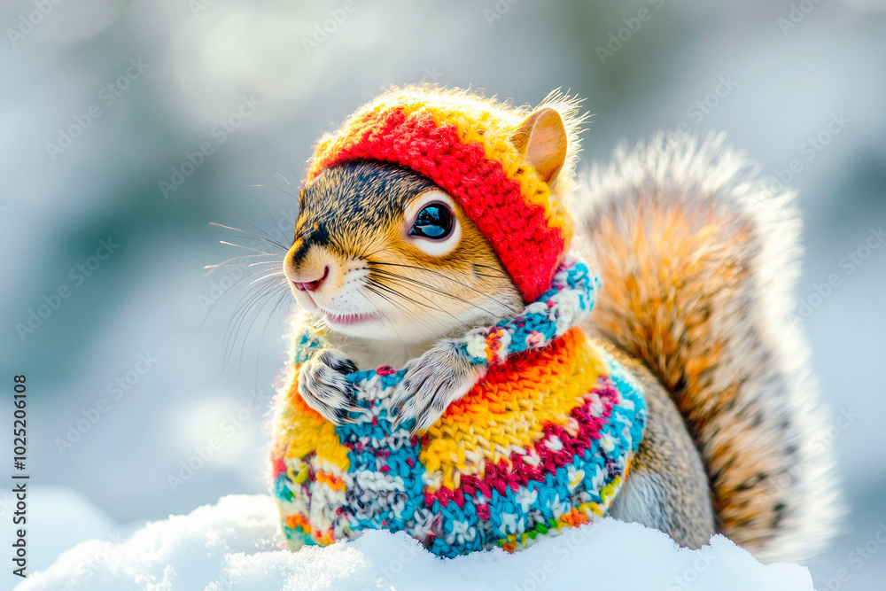 Obraz premium Squirrel wearing a colorful knitted hat and scarf in a snowy winter scene