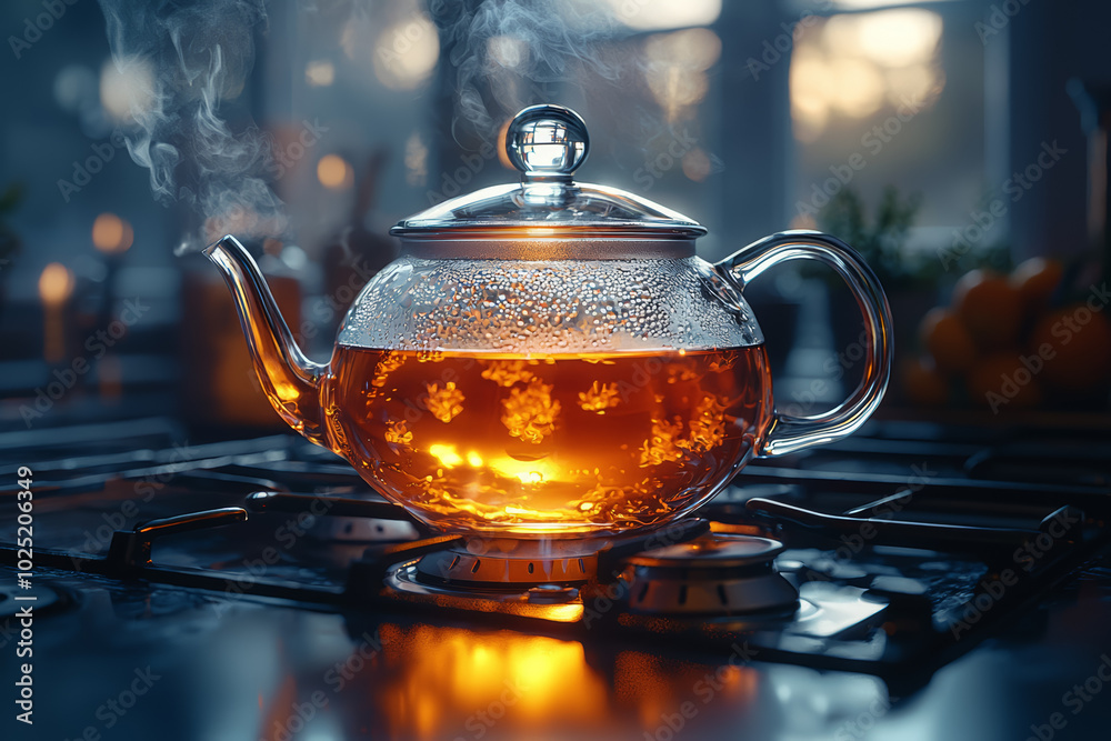 A pot of herbal tea brewing on the stove, representing simple pleasures and taking time. Concept of slow living. A pot of herbal tea brewing on the stove, representing simple pleasures and taking time. Concept of slow living.