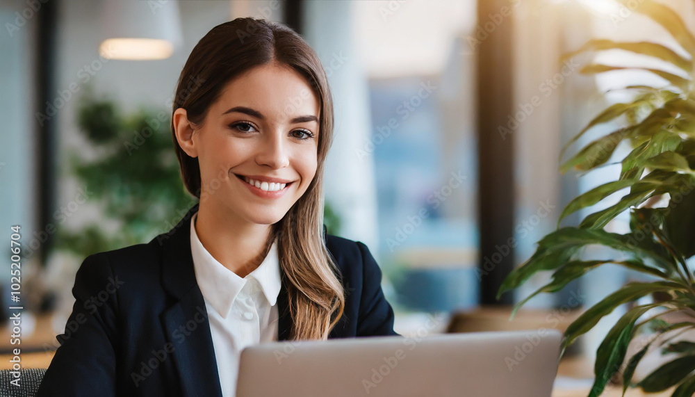Professional woman smiling while working on a laptop in a modern office environment during daylight hours Professional woman smiling while working on a laptop in a modern office environment during daylight hours