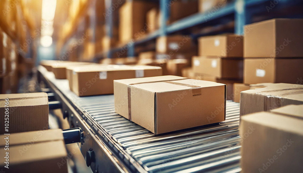 A conveyor belt transports cardboard boxes in a busy warehouse during the afternoon hours A conveyor belt transports cardboard boxes in a busy warehouse during the afternoon hours