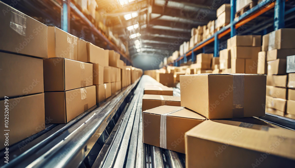 Boxes lined up on conveyor belts in a busy warehouse during daylight hours showcasing efficient logistics operations Boxes lined up on conveyor belts in a busy warehouse during daylight hours showcasing efficient logistics operations