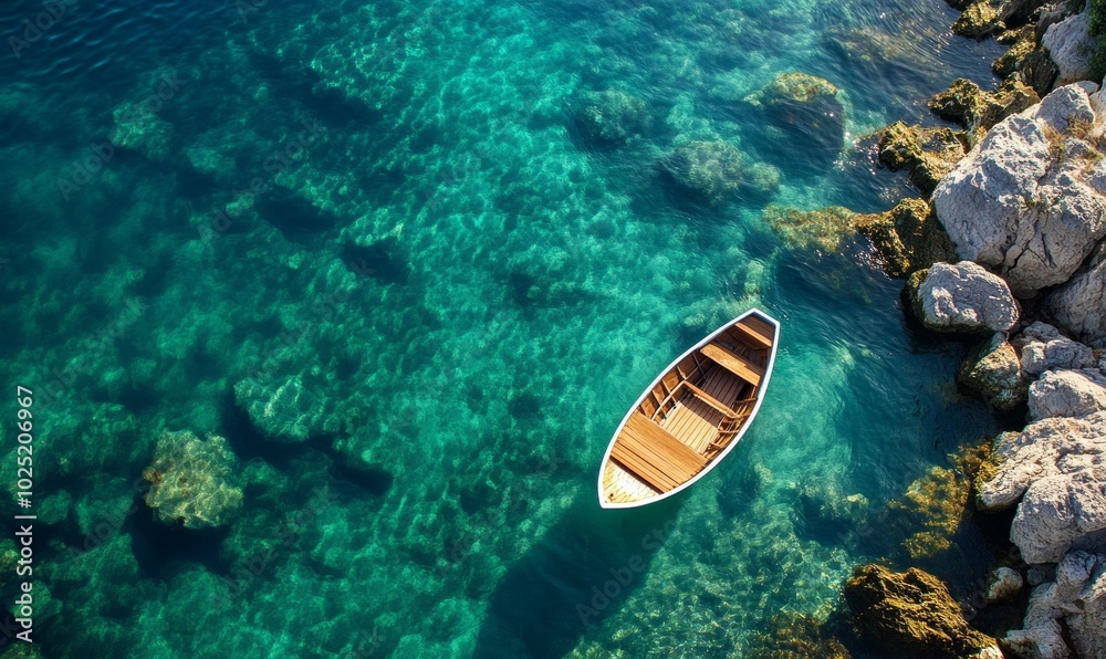 Aerial view of clear turquoise water with boat Aerial view of clear turquoise water with boat