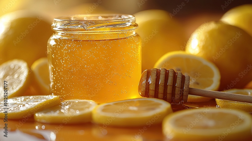A jar of honey, lemon slices, and a honeycomb sit on a table next to the lemons and honeycomb A jar of honey, lemon slices, and a honeycomb sit on a table next to the lemons and honeycomb