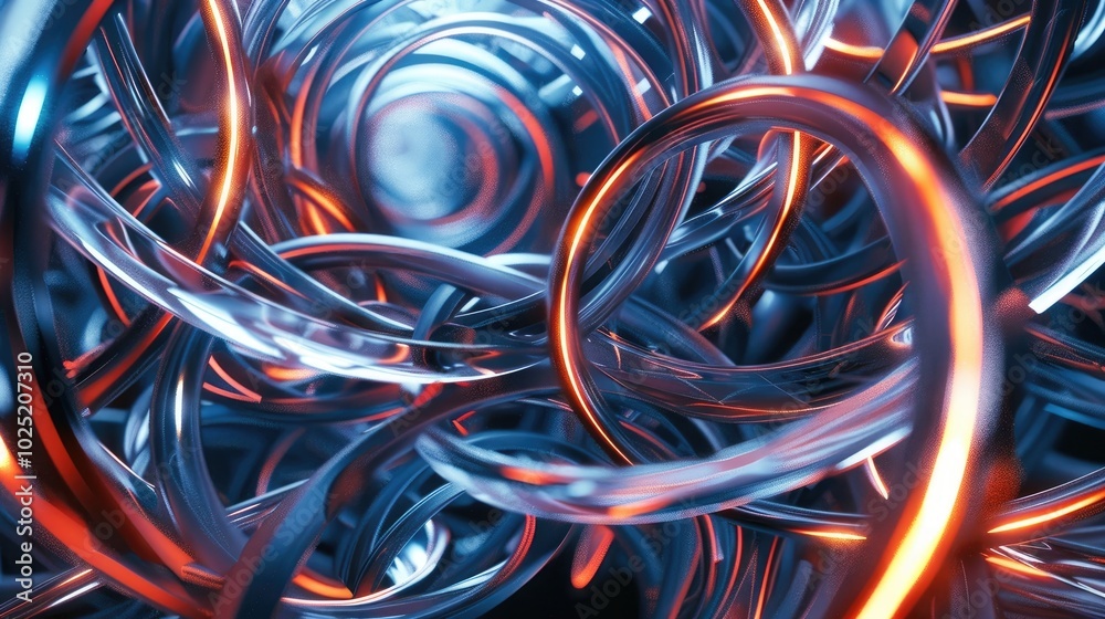 A complex design of interlacing rings and lines with a glowing finish