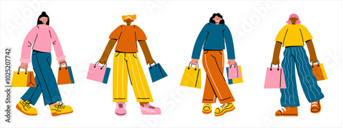 Set of Character Carrying Shopping Bags, Run for Sale Isolated on White Background. Flat vector.