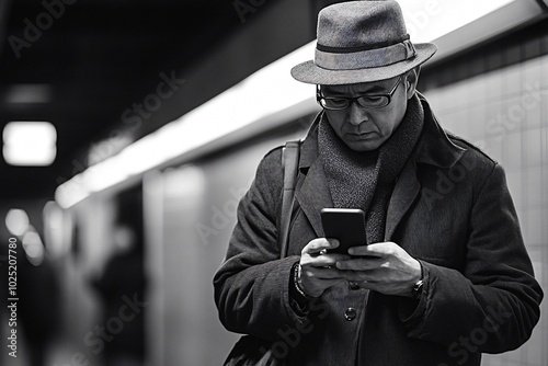 Stylish businessman using smartphone in subway station